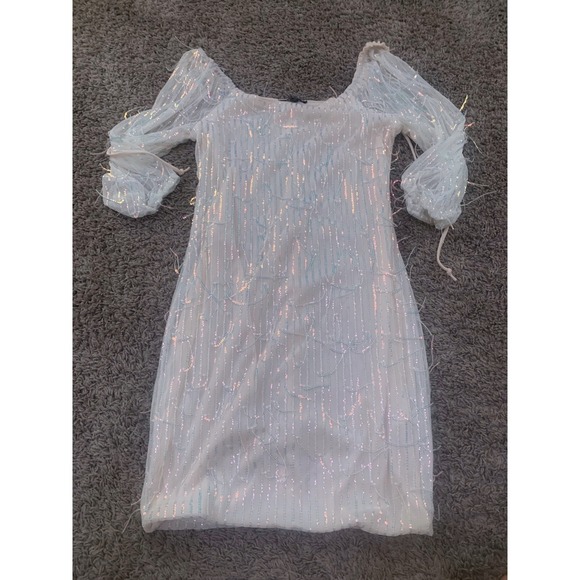 As U Wish Dresses & Skirts - As U Wish Ivory Sequin Fringe Mini Dress Square Neck Puff Sleeve XS A66869E07
